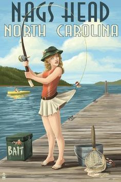 a woman holding a fishing rod while standing on a dock