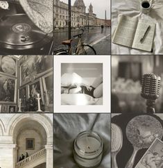 black and white collage with many different things to see in the image, including an open book