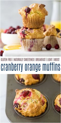 cranberry orange muffins are stacked on top of each other