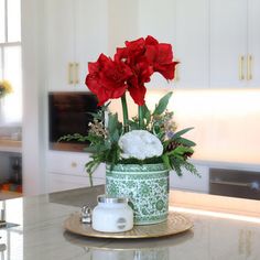 Red Amaryllis in Wood Tray with Candles – T&C Floral Company Preserved Flowers, Christmas Floral