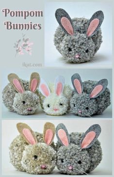 crocheted stuffed animals are shown in three different positions, including one bunny and the other rabbit