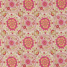 a red and yellow floral print on white fabric with gold accents, in an ornate pattern