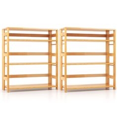 two wooden shelvings sitting next to each other on a white surface with no one in it