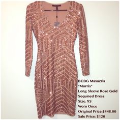 Rose Gold, Sequin, Knee Length, Fitted Evening Dress. Worn Once. Rose Gold Dress, Rose Gold Sequin, Winter Formal, Bcbgmaxazria Dresses, Gold Sequin, Gold Dress, Bandage Dress, Dresses Long, Evening Dress