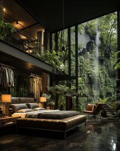 a bedroom with a waterfall in the background and lots of greenery on the walls