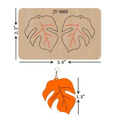 a pair of earrings with an orange leaf on the front and side, measurements for each ear