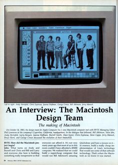 an old tv with the words'an interview the macintosh design team'on it