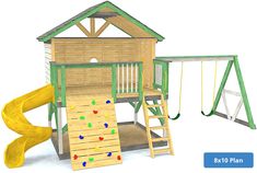 a wooden swing set with a slide and climbing frame next to the play structure for children