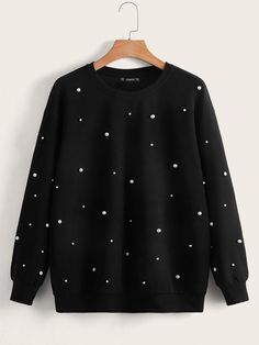 Black Casual  Long Sleeve Polyester Plain Pullovers Embellished Slight Stretch Spring/Fall Plus Size Sweatshirts Winter Outfits Pants, Mob X Reigen, Women Sweater Dress, Sweatshirt Dresses, Shein Plus Size, Beads Fashion, Romantic Tops, Plus Size Pullover, Chic Sweater