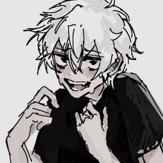 a drawing of an anime character with white hair and black shirt, smiling at the camera