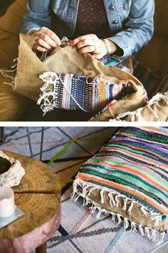 two pictures showing the process of weaving fabric