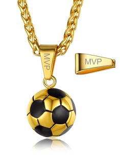 a gold necklace with a soccer ball on it and a name tag attached to the chain