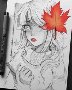 a drawing of a girl with a red leaf on her head and the words, i love you