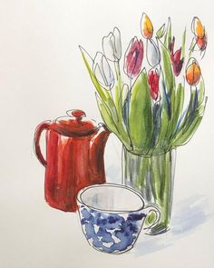 a watercolor painting of flowers and a teapot