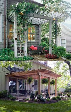 two pictures of the outside of a house with plants growing on it and in front