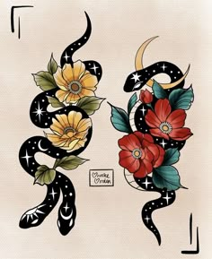 two snake tattoos with flowers and stars on them