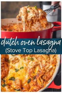 a red casserole dish with cheese and spinach on top is shown in front of the words dutch oven lasagna above it