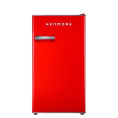 a red refrigerator with the word kenmore on it's front and bottom door