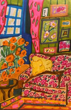 a painting of a living room filled with furniture and flowers in the window sill