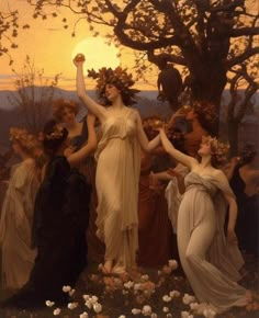 a painting of four women holding flowers in front of a tree with the sun setting behind them