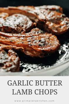 garlic butter lamb chops in a skillet with text overlay