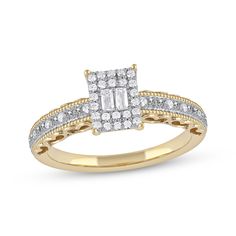 She'll adore all of the details in this romantic promise ring. The rectangle-shaped composite sparkles with round and baguette-cut diamonds. Along the shank, round diamonds and beading are edged with vintage-inspired milgrain detailing. For a unique touch, the sides of the shank are decorated with heart-shaped cutouts. This ring is created in 10K yellow gold with white rhodium and has a total diamond weight of 1/4 carat. Diamond Promise Rings, Unique Diamond Rings, Kay Jewelers, Baguette Cut Diamond, Gold Price, Baguette Cut, Promise Ring, Promise Rings, Diamond Rings