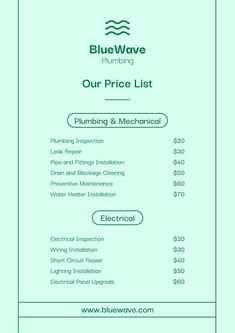 the blue wave plumbing price list