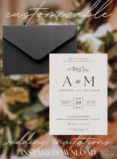 the wedding stationery is displayed on top of an envelope and in front of flowers