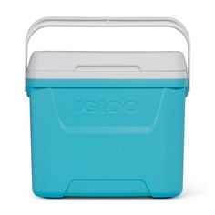 the igloo cooler is blue and has a white handle on it's side