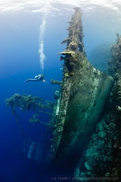 an underwater view of a ship wreck in the ocean, with scuba divers nearby