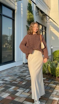 Knit sweater & maxi skirt for a classy fall look🍁🍂#fashion #fashionable #autumn #fall #maxiskirt #sweater #style #outfits #womenswear #womensstyle #classy #classystyle Girly Thanksgiving Outfits, Outfits With Cream Skirt, Thanksgiving Outfit Maxi Skirt, Lace Skirt With Sweater, Christmas Church Service Outfit, Knit Maxi Skirt Outfit Winter, Autumn Skirt Outfit Midi, Boots And Midi Skirt Outfit, White Maxi Skirt Winter