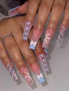 Acrylic Christmas Nails Winter Short, Winter Nail Inspiration 2024, Nail Inspo Coffin Christmas, Long Xmas Nails, Nail For December, Small Acrylic Nails Christmas, Blue Nails Christmas Designs, Baby Blue Christmas Nails Almond, Super Cute Christmas Nails