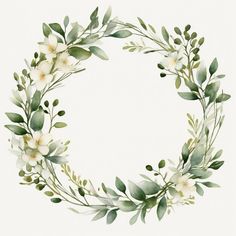 a watercolor wreath with white flowers and green leaves on the bottom, surrounded by greenery