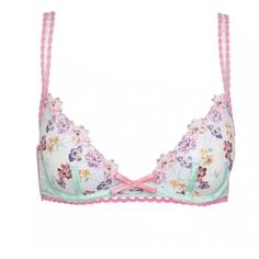 Delicate Floral Embroidered Covers This Bra’s Sheer Mesh Cups As Pops Of Cool Mint And Bright Pink Celebrate Retro Style. Finished With Scalloped Trim And A Modern Cage Back. Wireless Bra Unlined Embroidered Mesh Cups Contrast Scalloped Trim Cage Back Adjustable Straps Hook And Eye Back Closure Hand Wash Imported Pretty Bra Straps, Pastel Bra, White Bridal Lingerie, Spring Feminine Floral Print Bra, Fitted Blue Bra With Floral Print, Summer Floral Print Pink Bra, Spring Floral Print Push-up Bra, Victoria's Secret Summer Floral Print Bra, Blue Corset