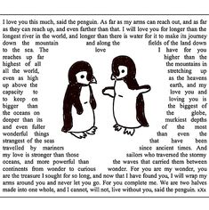 two penguins standing next to each other in front of a page with words on it