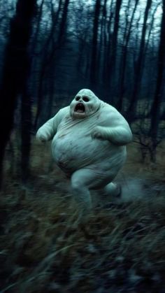 a big white monster is running through the woods