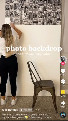 a woman standing in front of a white board with photos on it and the words photo backdrop