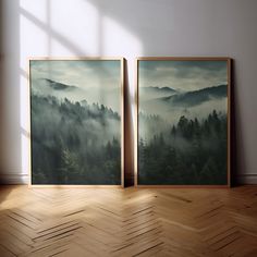 two paintings on the wall in an empty room with wood flooring and white walls