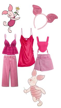 an assortment of children's clothing and accessories including a pink top, shorts, and headband