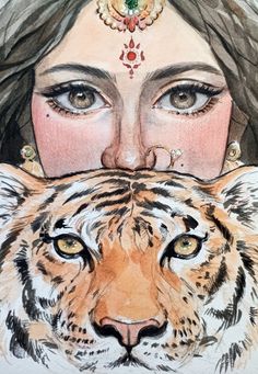 a drawing of a woman and a tiger