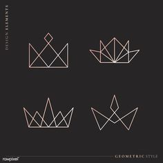 the geometric crown logo is shown in three different colors and sizes, including pink, white,