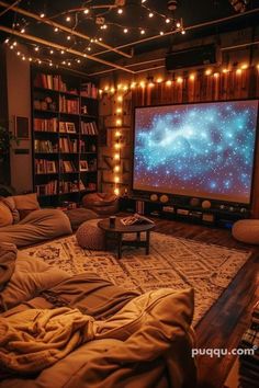 a living room filled with furniture and a flat screen tv sitting on top of a wall