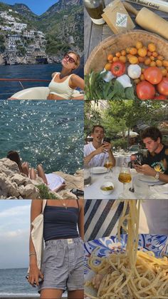 the collage shows people sitting at a table with food and drinks in front of them