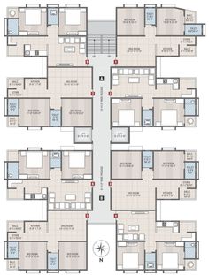 the floor plan for an apartment building with several rooms and one bedroom on each side