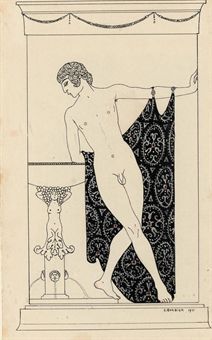 an old book with a drawing of a naked woman standing in front of a mirror