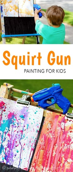 A Fun Summer Activity!! Squirt Gun Painting! Kids will ask to do this again and again! | Fireflies and Mud Pies: Uppfostra Barn, Summer Boredom, Crafty Kids, Toddler Fun, Craft Activities For Kids, Summer Crafts, Toddler Crafts, Art Activities, Painting For Kids