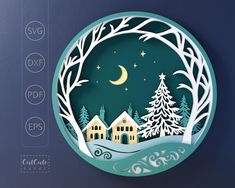 a paper cut christmas scene with trees and houses