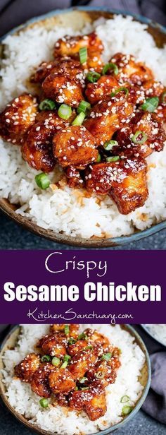 crispy sesame chicken served over rice with scallions