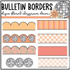 the bulletin board is filled with different types of paper and decorative items for bulletin boards