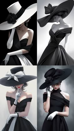 four different images of women in black and white dresses with large hats on their heads